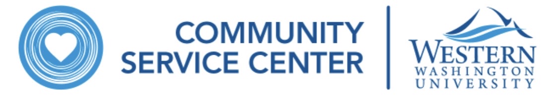 A blue circle with a white heart surrounded by ripples, representing the idea that a small act of love ripples outwards towards a big impact. Next to it are the words "Community Service Center," and the Western Washington University Logo, which is several overlapping waves in various shades of blue.